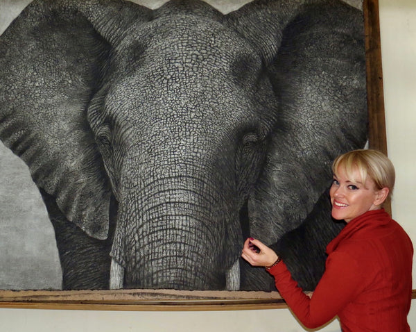 Ashleigh Olsen with her Matriarch Elephant Charcoal Drawing